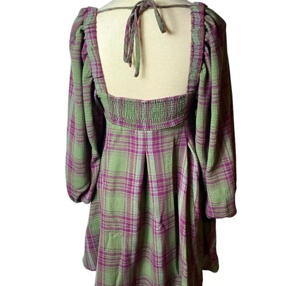 Urban Outfitters Plaid Babydoll Mini Dress Puff Sleeves School Girl Grunge Small - Picture 5 of 7